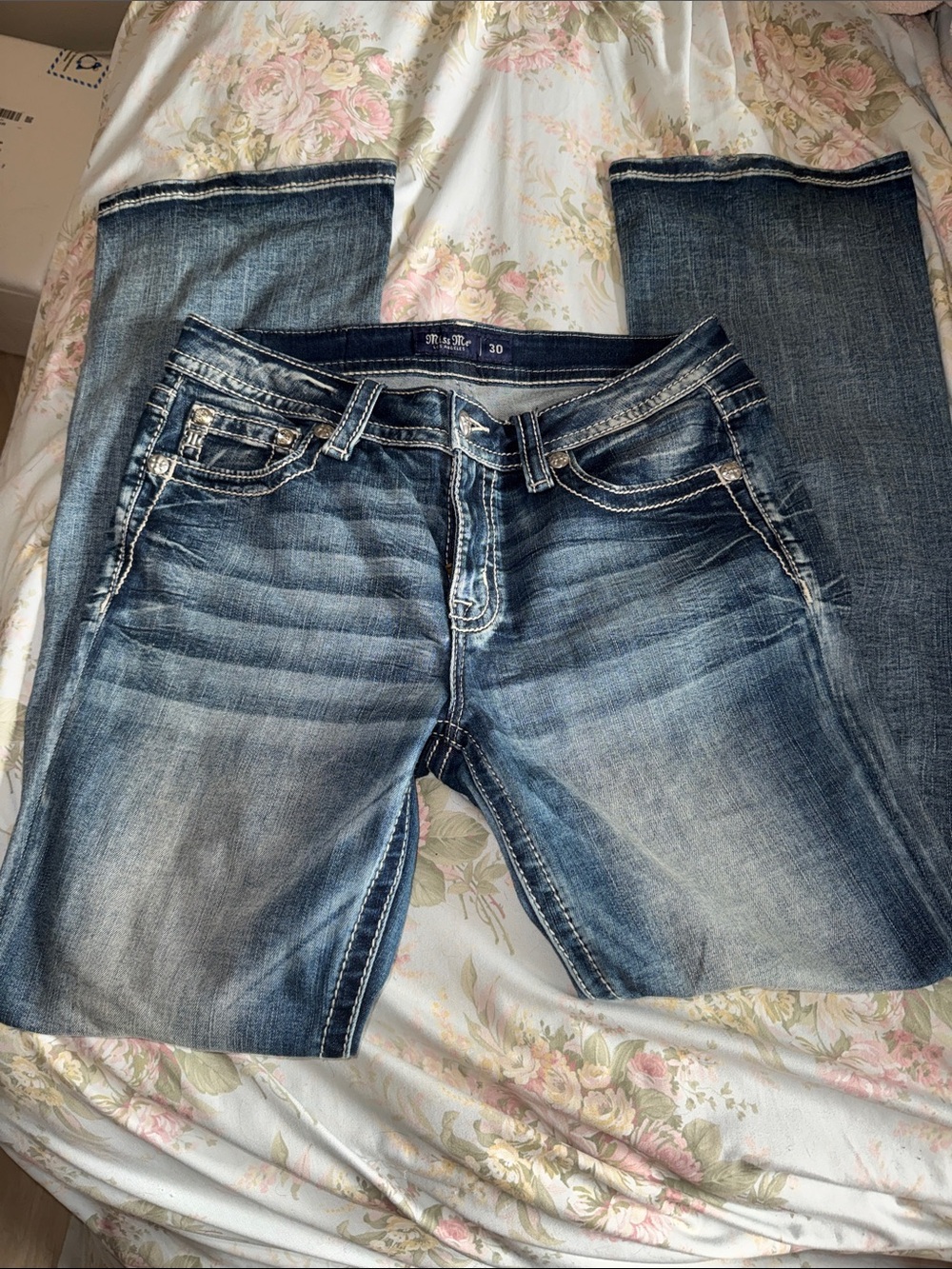 Miss Me Dark Blue Denim Jeans with White Stitching